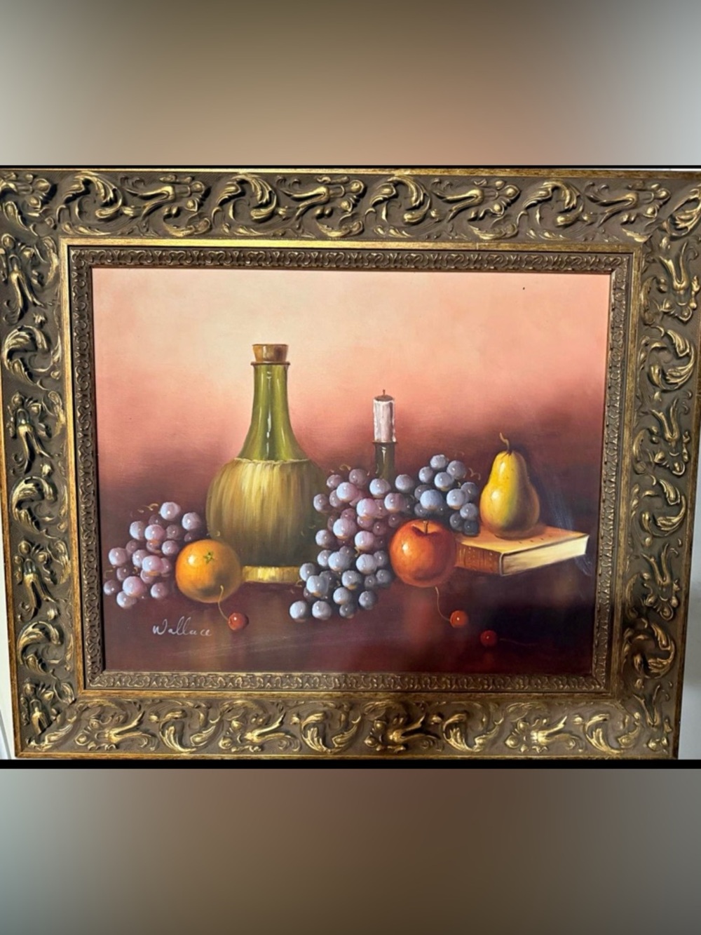 Signed Still Life Painting - Vintage Fruit and Bottle (Green, Gold, Brown)